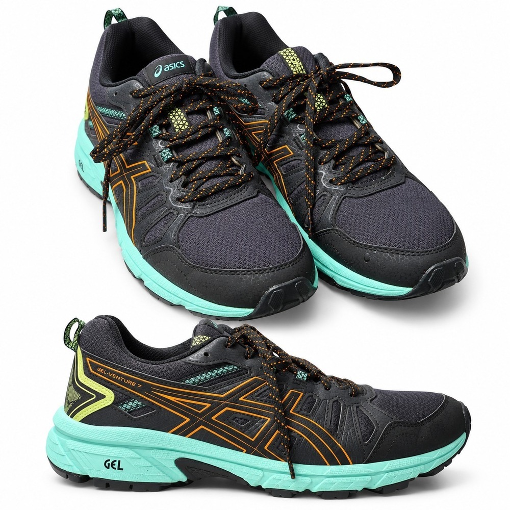 ASICS Gel-Venture 7 Trail Running Sneaker Women Sz 8.5 Black/Teal/Orange Pop GUC